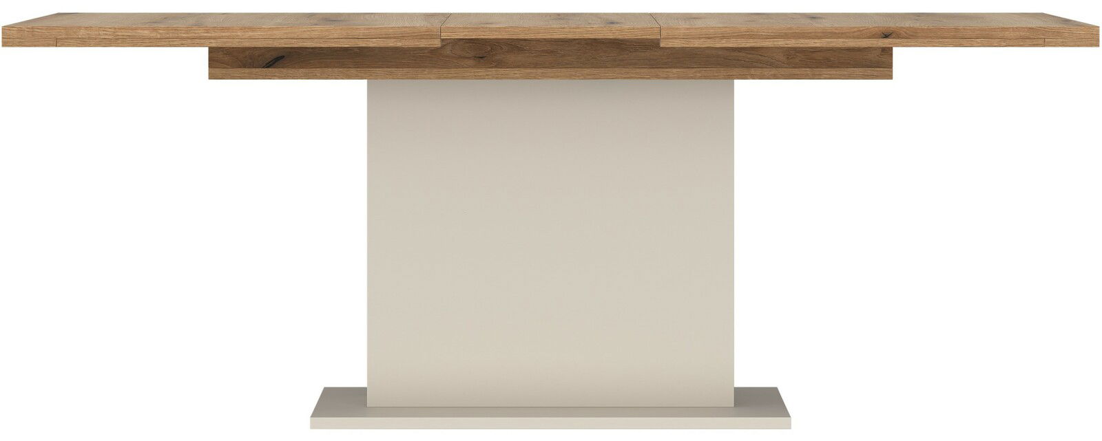 Moderner Esstisch mit Holzplatte und zentralem Standfuß, Frontalansicht