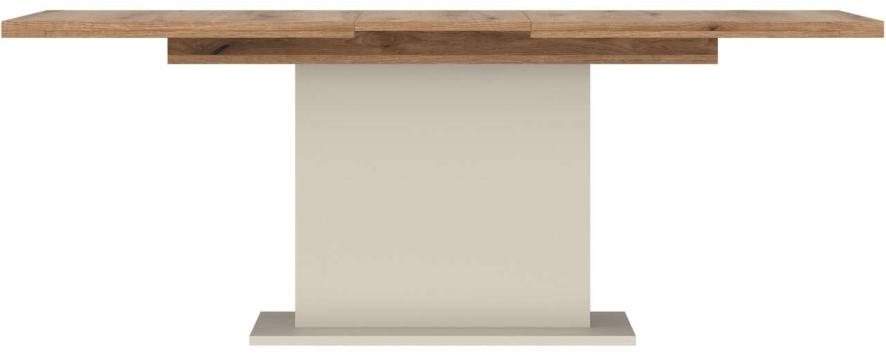 Moderner Esstisch mit Holzplatte und zentralem Standfuß, Frontalansicht