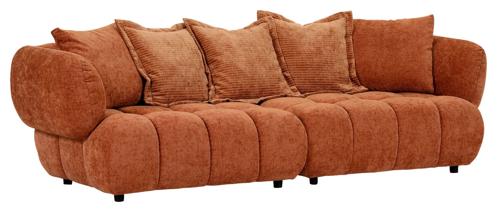 Großes, gemütliches Big-Sofa in braunem Stoff mit mehreren Kissen, seitliche Perspektive.