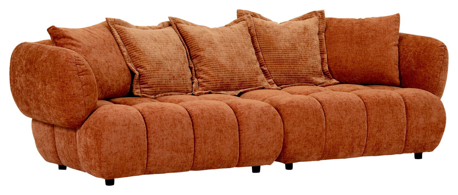 Großes, gemütliches Big-Sofa in braunem Stoff mit mehreren Kissen, seitliche Perspektive.