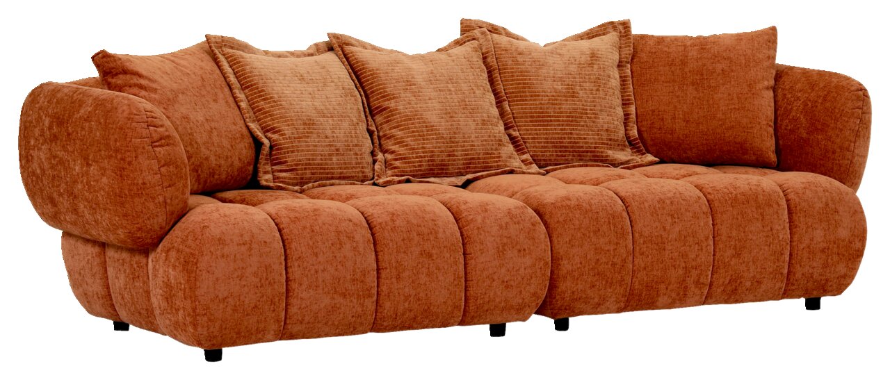Großes, gemütliches Big-Sofa in braunem Stoff mit mehreren Kissen, seitliche Perspektive.