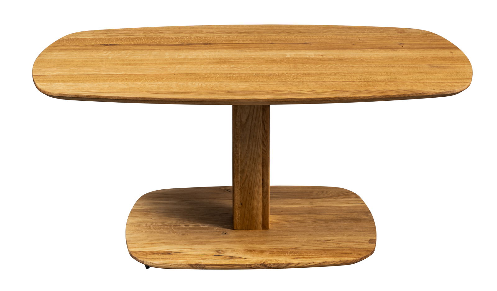 Moderner Couchtisch aus Holz in Frontalansicht mit ovaler Tischplatte und stabiler Mittelsäule.