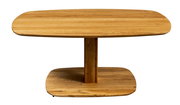 Moderner Couchtisch aus Holz in Frontalansicht mit ovaler Tischplatte und stabiler Mittelsäule.