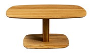 Moderner Couchtisch aus Holz in Frontalansicht mit ovaler Tischplatte und stabiler Mittelsäule.