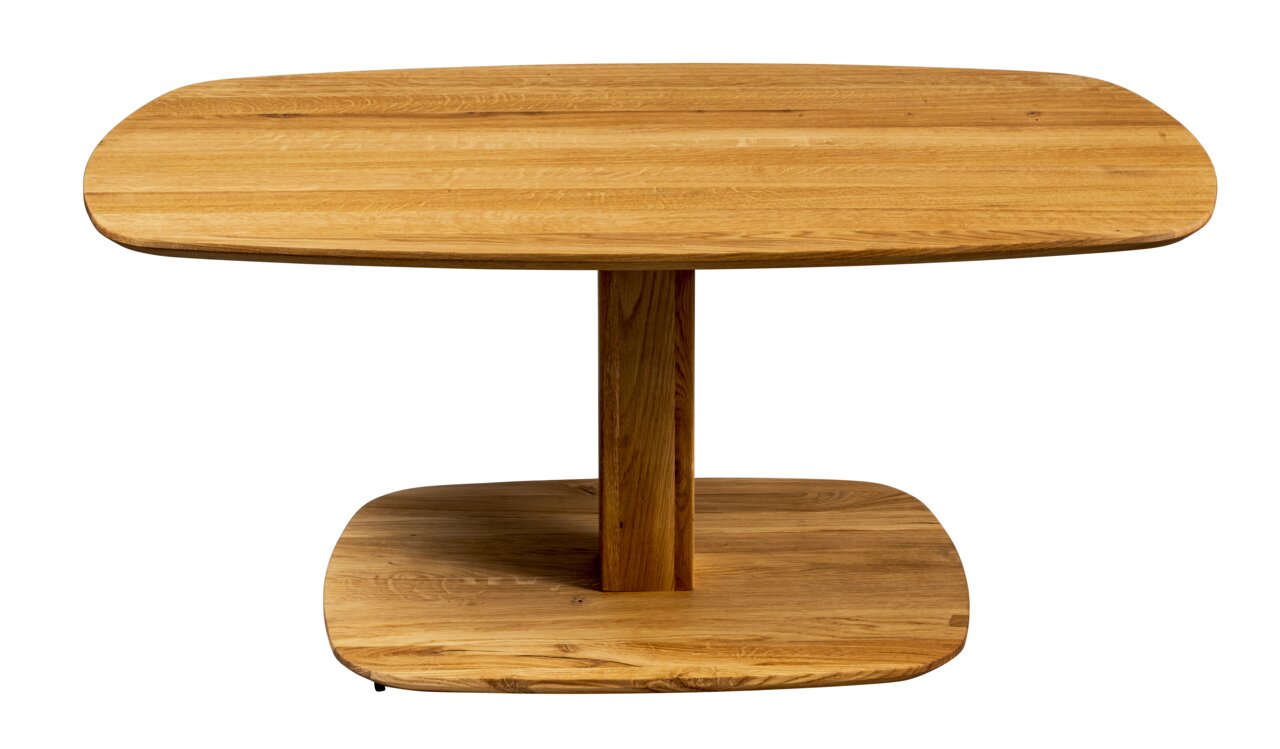 Moderne houten salontafel in vooraanzicht, met een ovaal tafelblad en een stevige middenpoot.