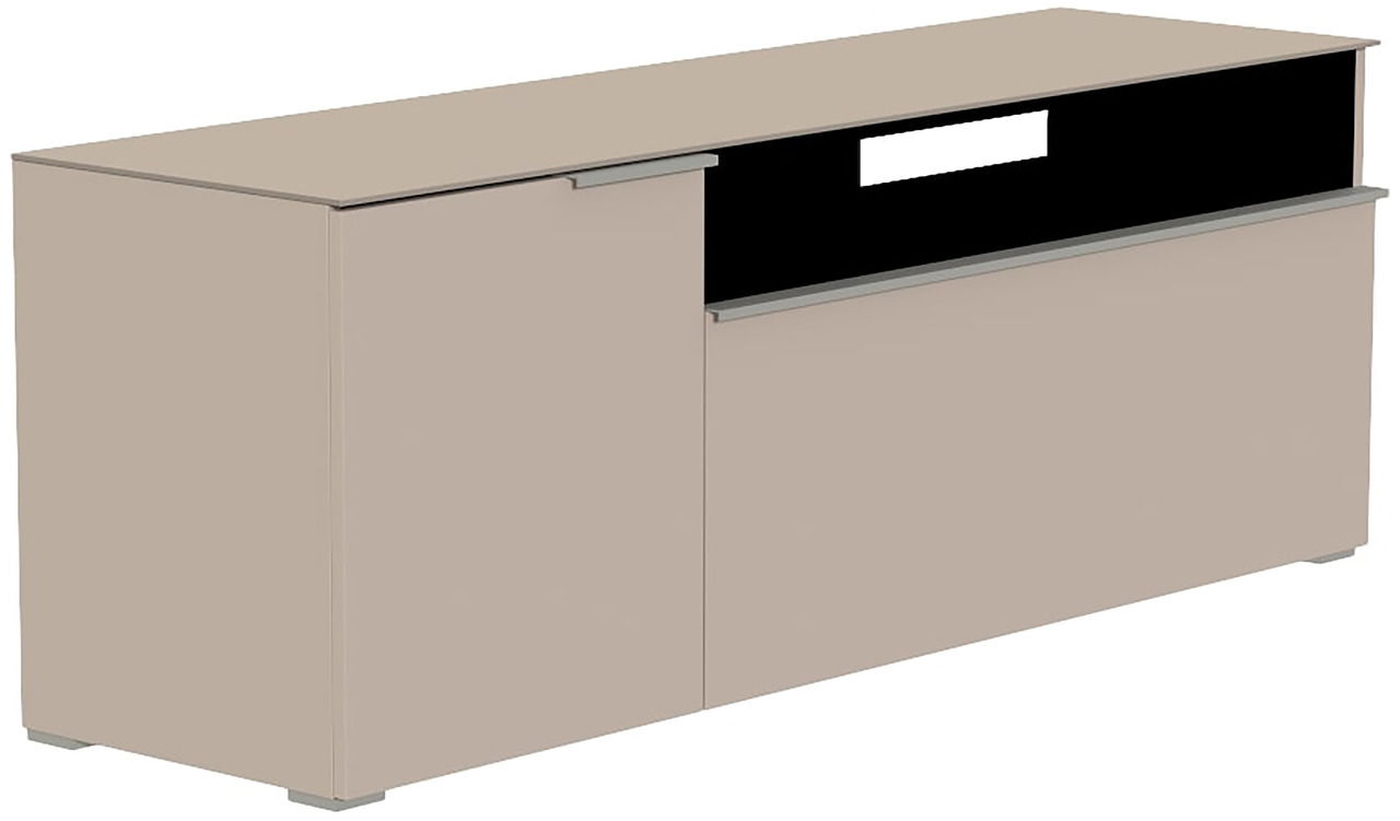 TV-Lowboard in Beige mit zwei Türen und offenem Fach, seitliche Perspektive
