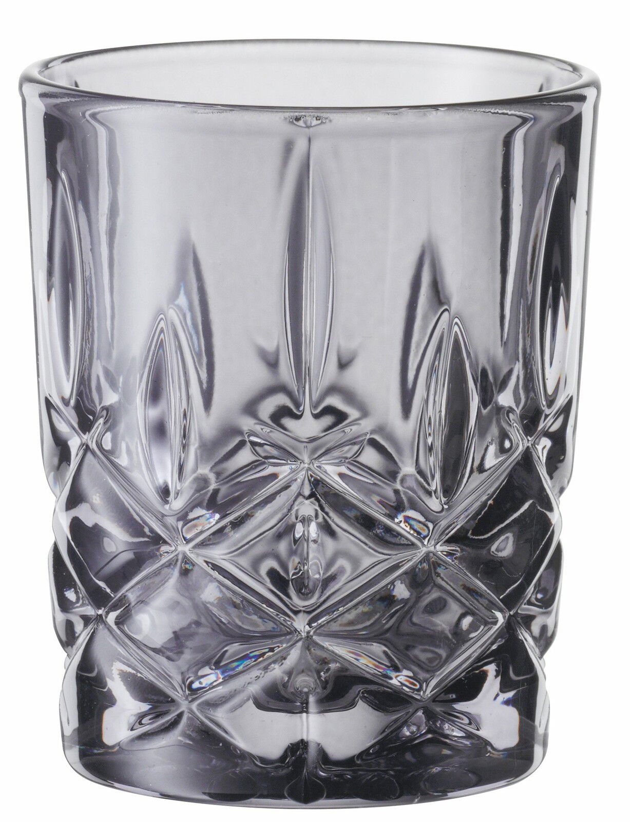 Kristallglas mit elegantem Schliffmuster, seitliche Perspektive