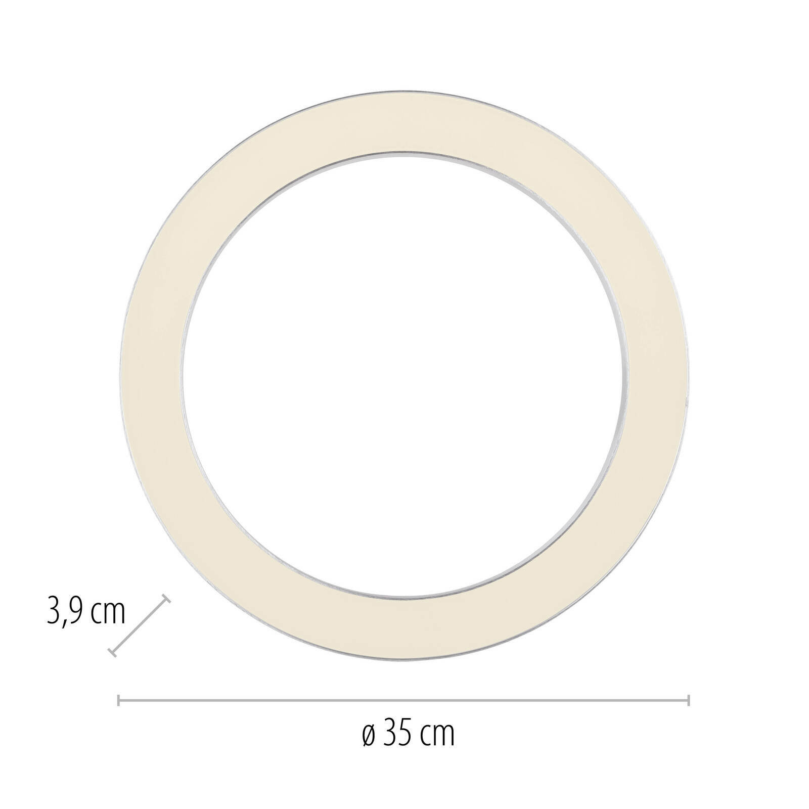 Runde LED-Deckenleuchte mit einem Durchmesser von 35 cm und einer Höhe von 3,9 cm, Ansicht von oben.