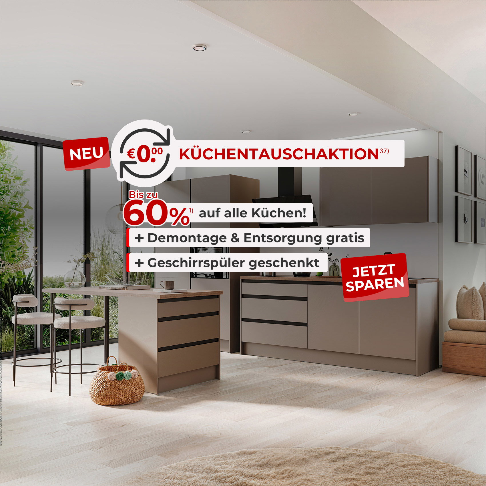 Moderne Küche mit Hinweis auf Küchentauschaktion: bis zu 60 % Rabatt, gratis Demontage, Entsorgung und Geschirrspüler.