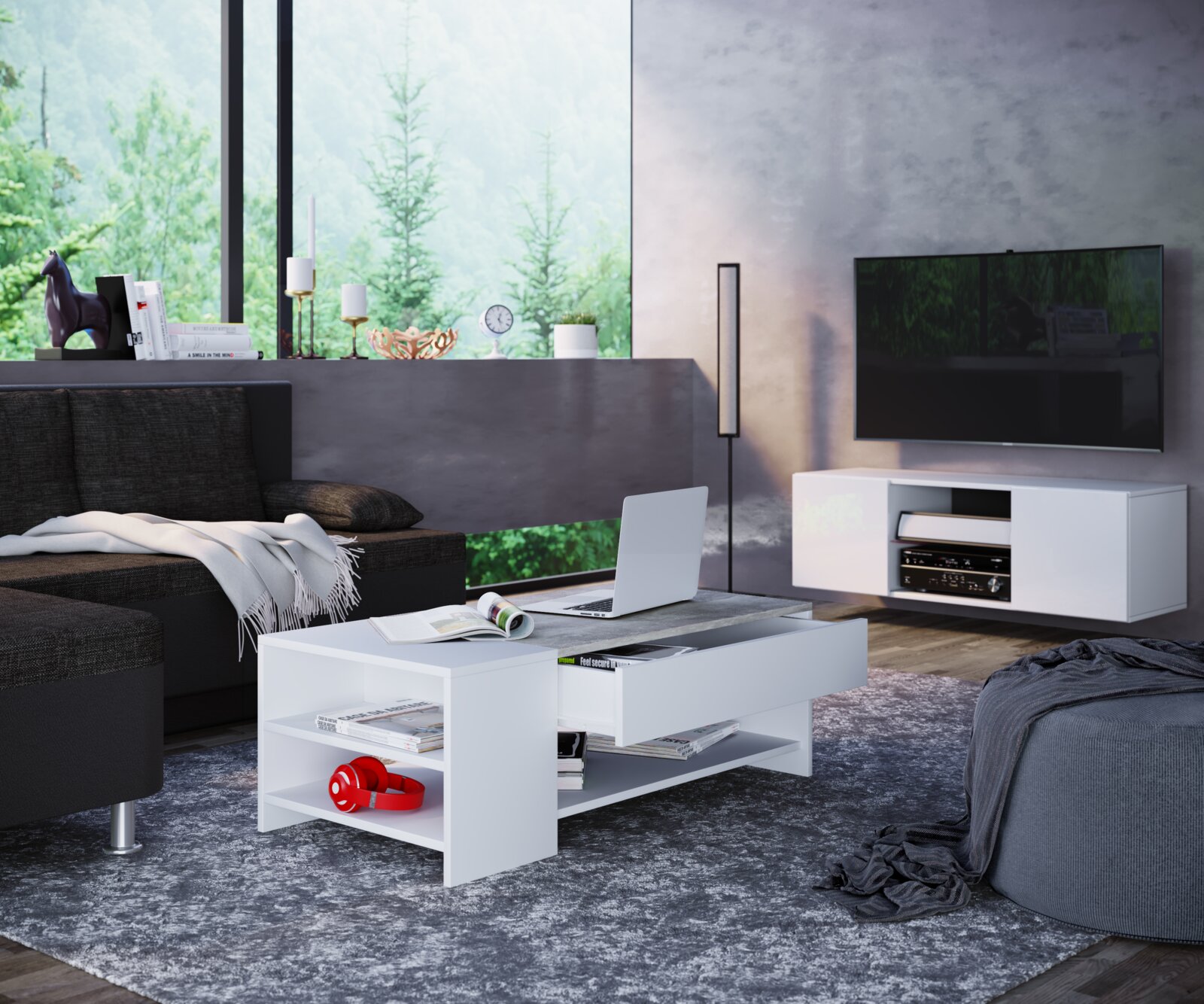 Moderner weißer Couchtisch mit Schublade und offenen Ablagen im Wohnzimmer, leicht schräg von vorn in Augenhöhe fotografiert