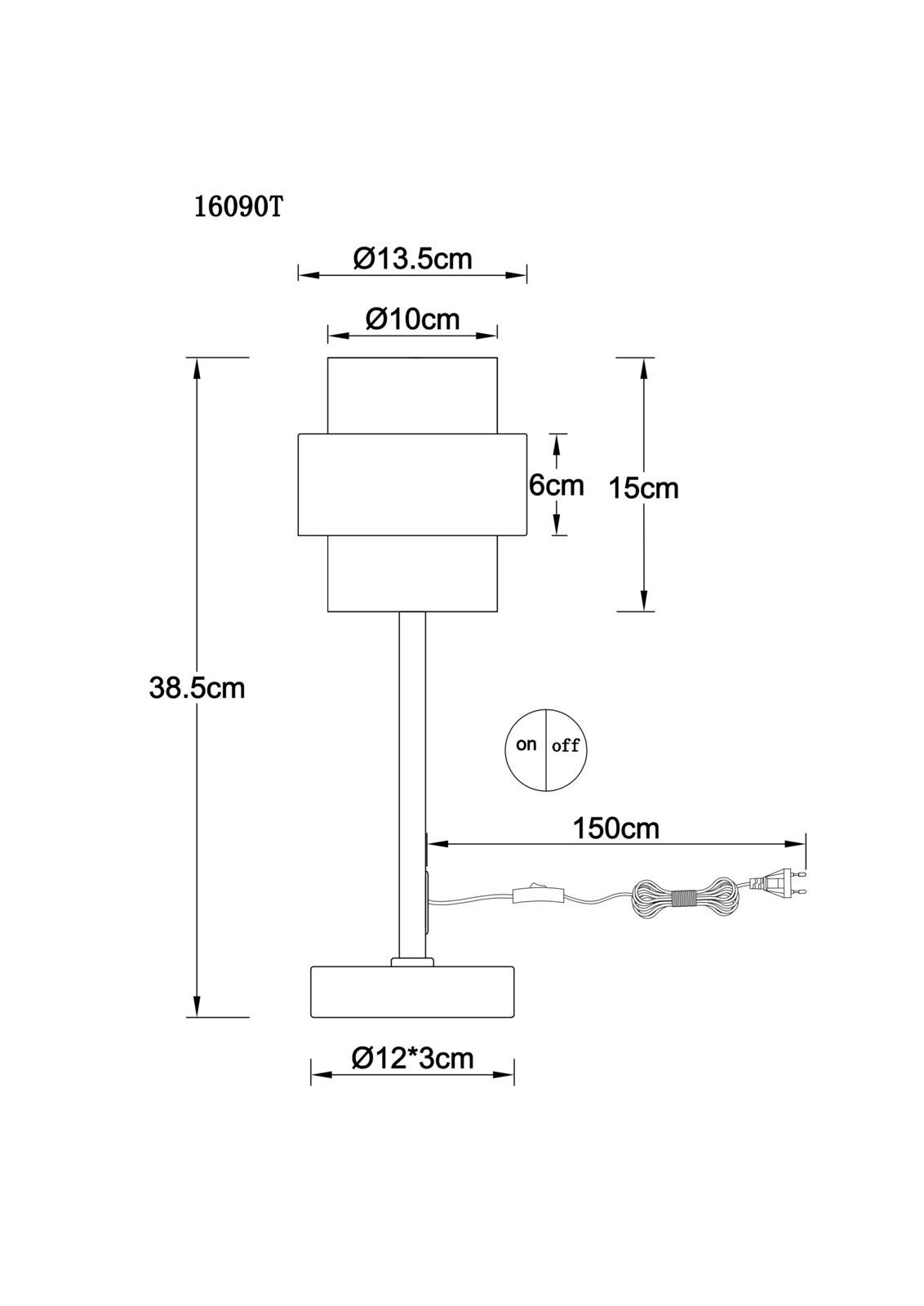 Technische Maßzeichnung einer Tischlampe mit zylindrischem Schirm, Gesamthöhe 38,5 cm, Schirmdurchmesser 13,5/10 cm, Sockel Ø12×3 cm, Kabel 150 cm mit Ein/Aus-Schalter, Frontansicht.