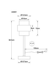 Technische Maßzeichnung einer Tischlampe mit zylindrischem Schirm, Gesamthöhe 38,5 cm, Schirmdurchmesser 13,5/10 cm, Sockel Ø12×3 cm, Kabel 150 cm mit Ein/Aus-Schalter, Frontansicht.