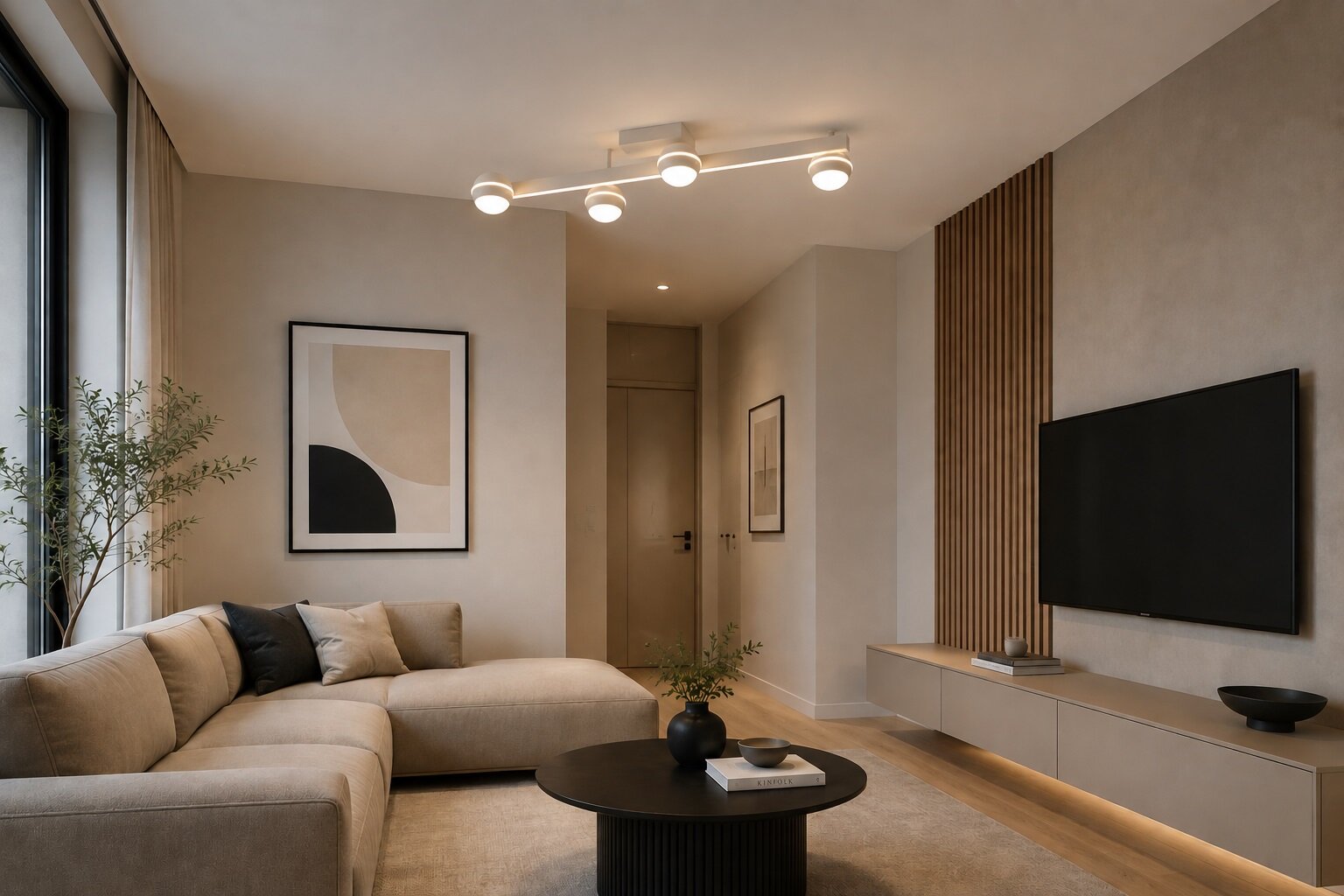 Moderne witte plafondlamp met vier verstelbare spots, schuin van onderen gezien in een stijlvol ingerichte woonkamer