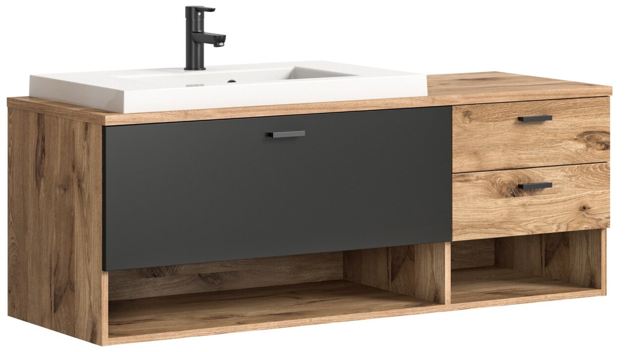 MID.YOU Waschtisch GRADO Moderner Waschtisch mit Holzoptik und schwarzer Front, seitliche Perspektive