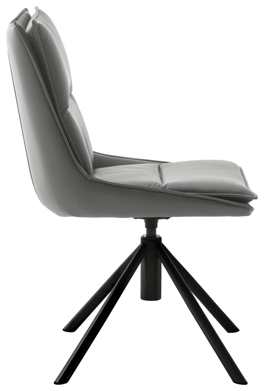 Moderner grauer Stuhl mit gepolsterter Sitzfläche und Rückenlehne, seitliche Perspektive