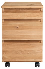 Frontansicht eines Rollcontainers aus Holz mit drei Schubladen und schwarzen Rollen.