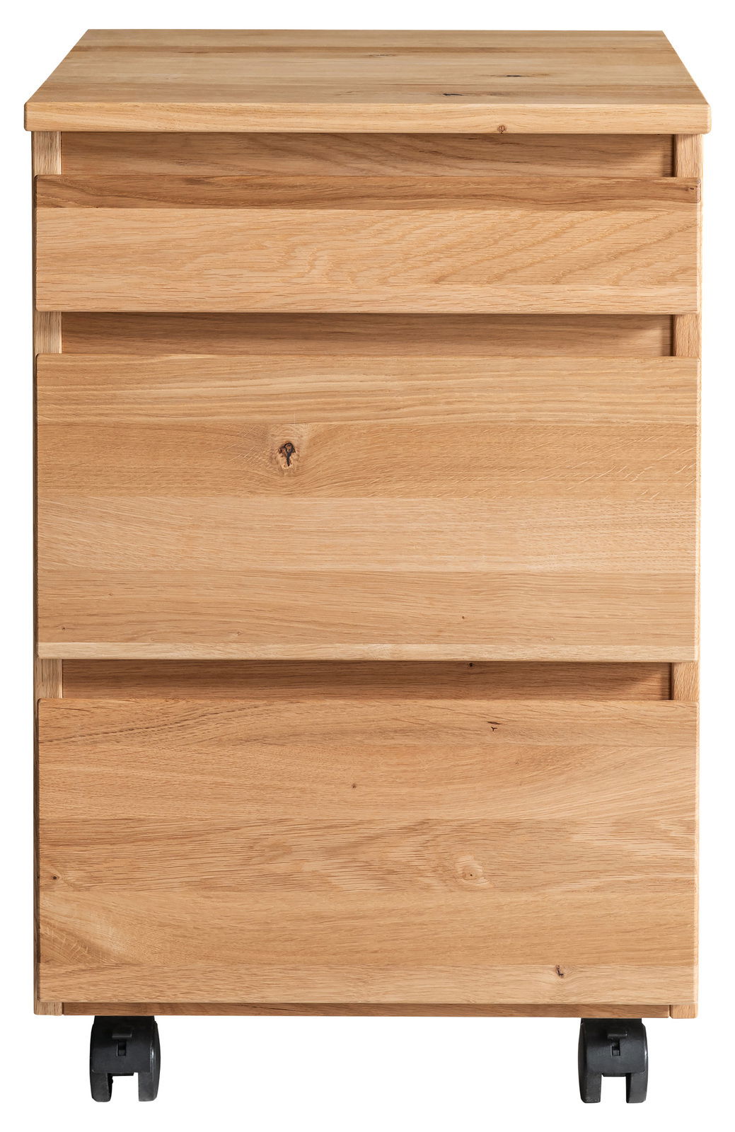 Frontansicht eines Rollcontainers aus Holz mit drei Schubladen und schwarzen Rollen.