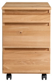 Frontansicht eines Rollcontainers aus Holz mit drei Schubladen und schwarzen Rollen.