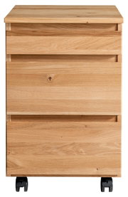 Vooraanzicht van een houten rolcontainer met drie lades en zwarte wieltjes.