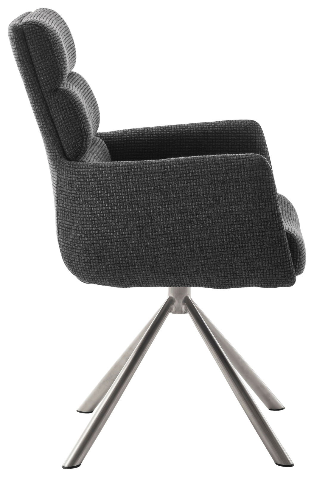 Seitenansicht eines modernen Armlehnstuhls mit grauem Stoffbezug und Metallbeinen.