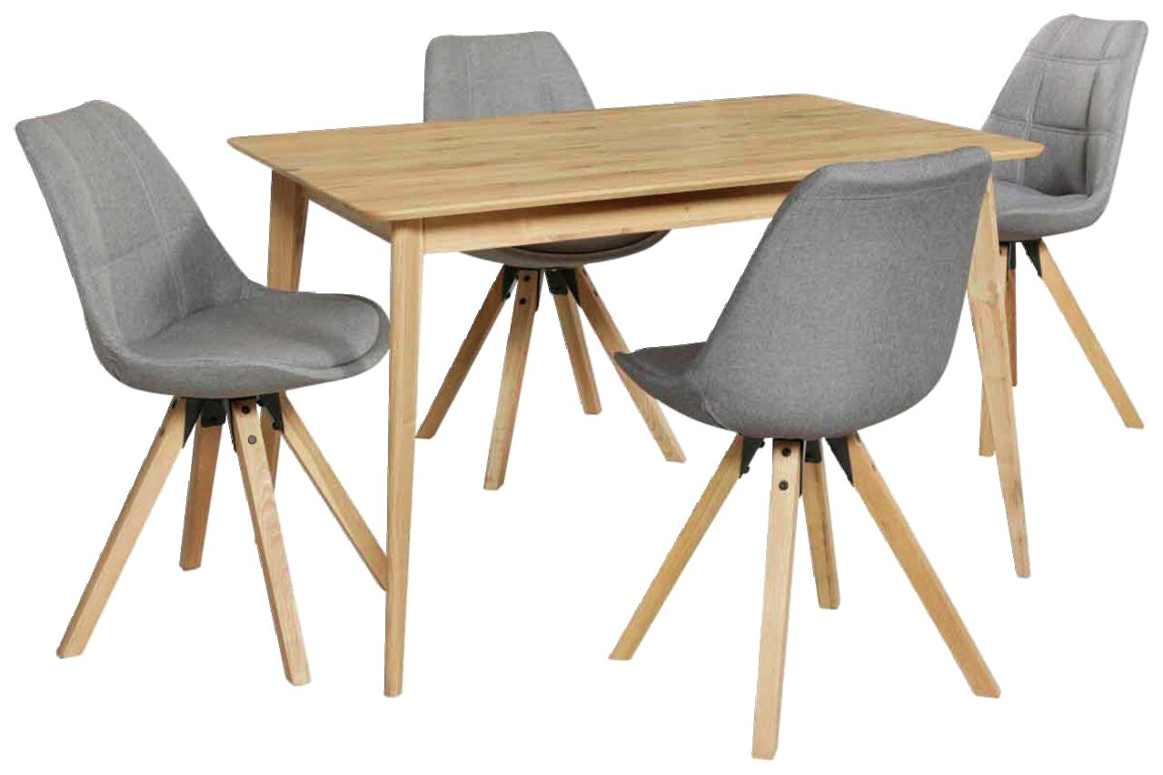 Moderner Esstisch mit vier grauen Stühlen aus Holz und Stoff, seitliche Perspektive