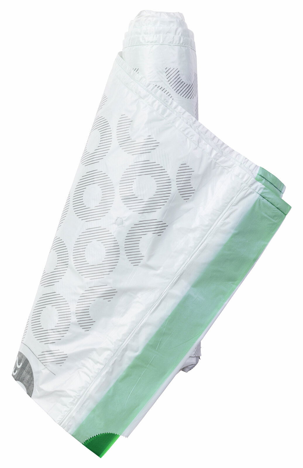 Rolle von weißen Müllbeuteln mit grünem Rand, aus seitlicher Perspektive fotografiert