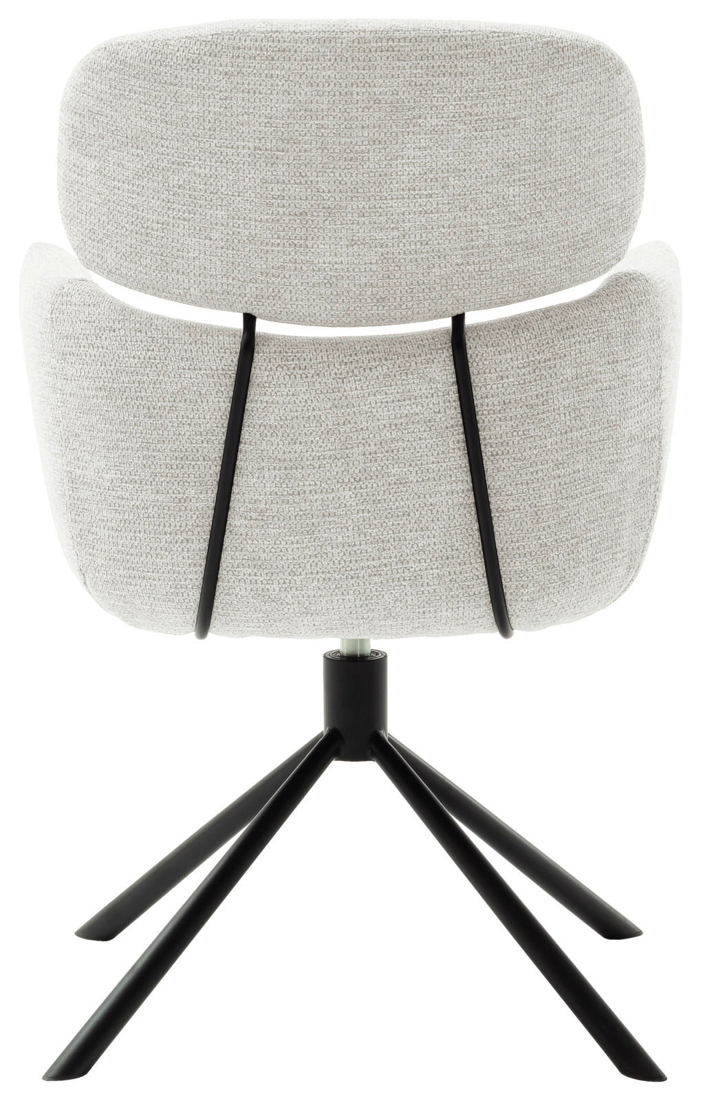 Rückansicht eines modernen Sessels mit hellgrauem Stoffbezug und schwarzem Metallgestell.