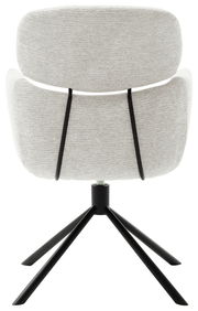 Rückansicht eines modernen Sessels mit hellgrauem Stoffbezug und schwarzem Metallgestell.