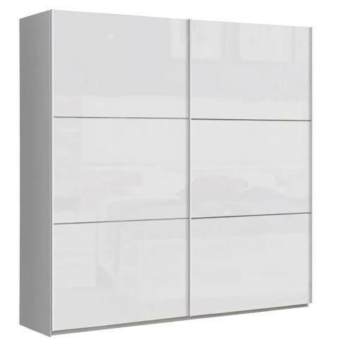 Moderner, zweiflügeliger Schwebetürenschrank in Weiß, frontal abgebildet.