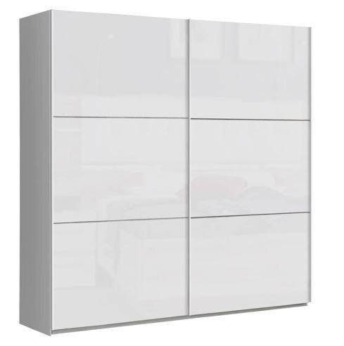 Moderner, zweiflügeliger Schwebetürenschrank in Weiß, frontal abgebildet.