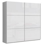 Moderner, zweiflügeliger Schwebetürenschrank in Weiß, frontal abgebildet.