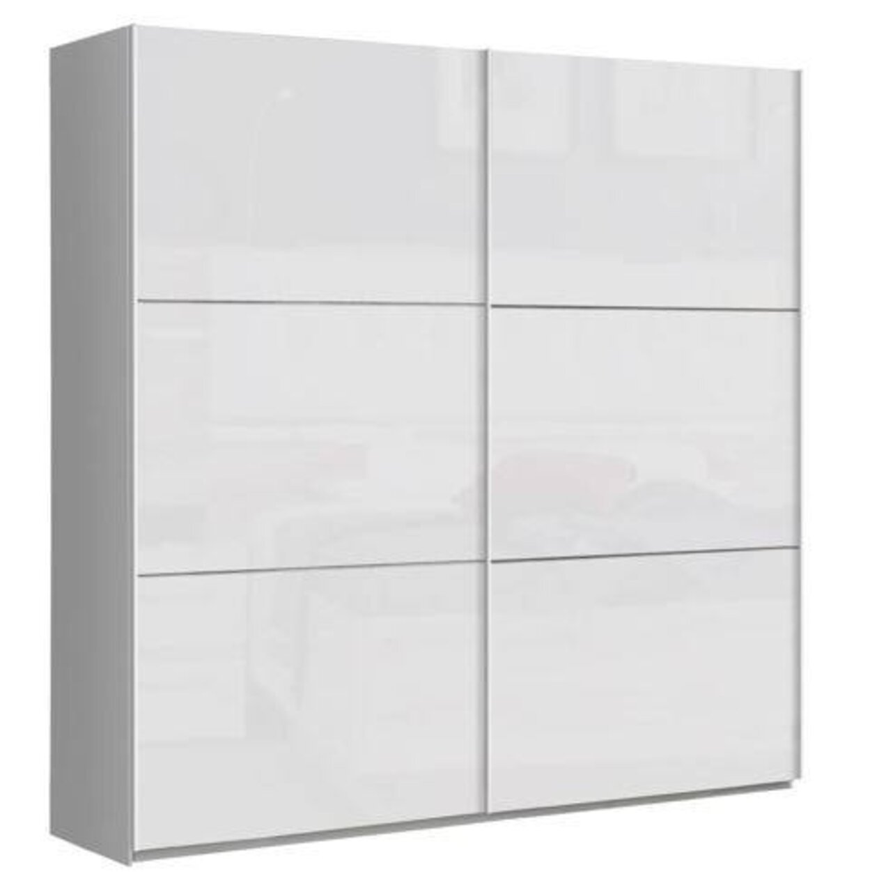 Moderner, zweiflügeliger Schwebetürenschrank in Weiß, frontal abgebildet.