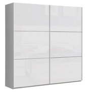 Moderner, zweiflügeliger Schwebetürenschrank in Weiß, frontal abgebildet.
