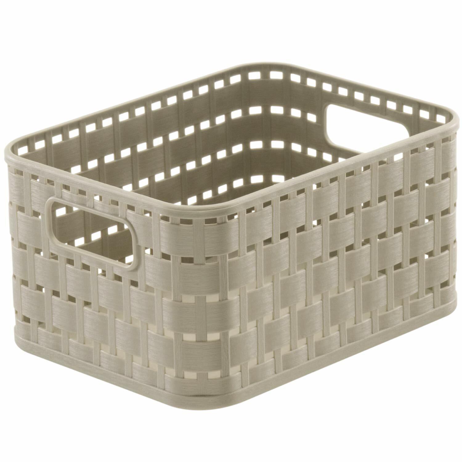Rechteckiger, beige-farbener Aufbewahrungskorb mit geflochtenem Design und seitlichen Griffen, Perspektive von schräg oben.