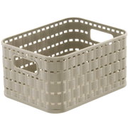 Rechteckiger, beige-farbener Aufbewahrungskorb mit geflochtenem Design und seitlichen Griffen, Perspektive von schräg oben.