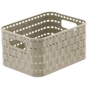 Rechteckiger, beige-farbener Aufbewahrungskorb mit geflochtenem Design und seitlichen Griffen, Perspektive von schräg oben.