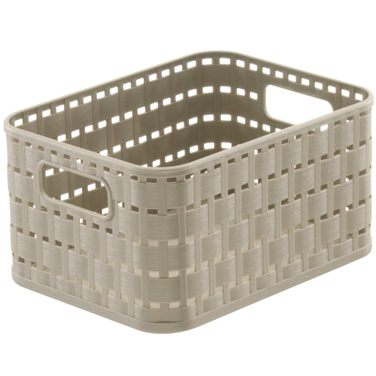 Rechteckiger, beige-farbener Aufbewahrungskorb mit geflochtenem Design und seitlichen Griffen, Perspektive von schräg oben.