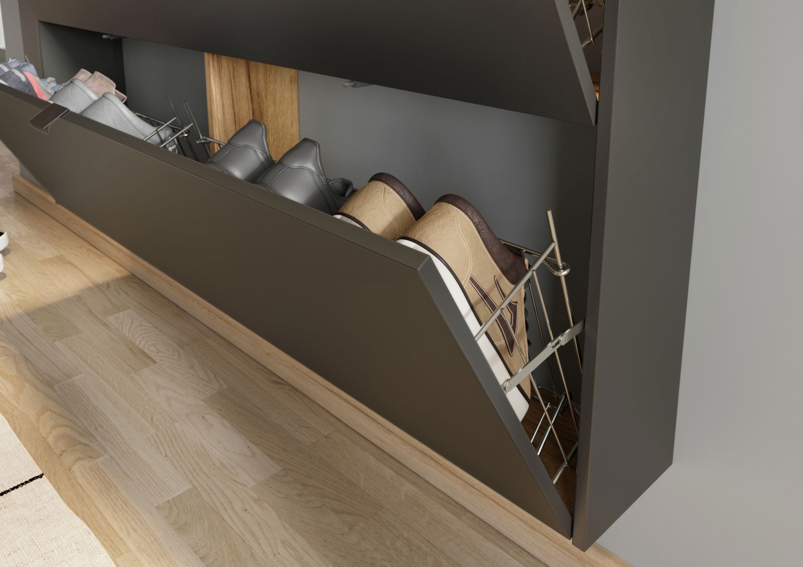 Schuhschrank mit geöffneter Klappe, zeigt mehrere Paar Schuhe in einem modernen, dunklen Design aus seitlicher Perspektive.