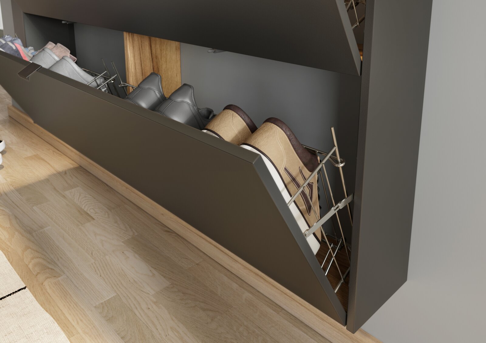 Schuhschrank mit geöffneter Klappe, zeigt mehrere Paar Schuhe in einem modernen, dunklen Design aus seitlicher Perspektive.