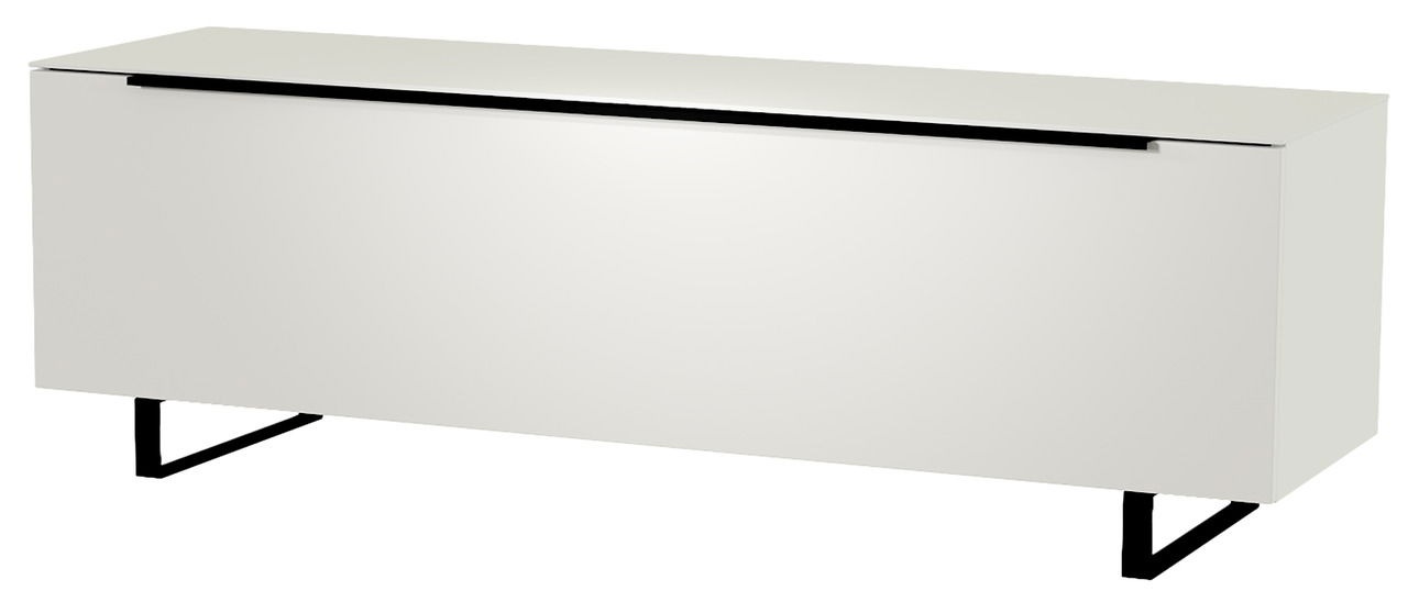 Weißes TV-Lowboard mit schwarzen Metallbeinen, seitliche Perspektive