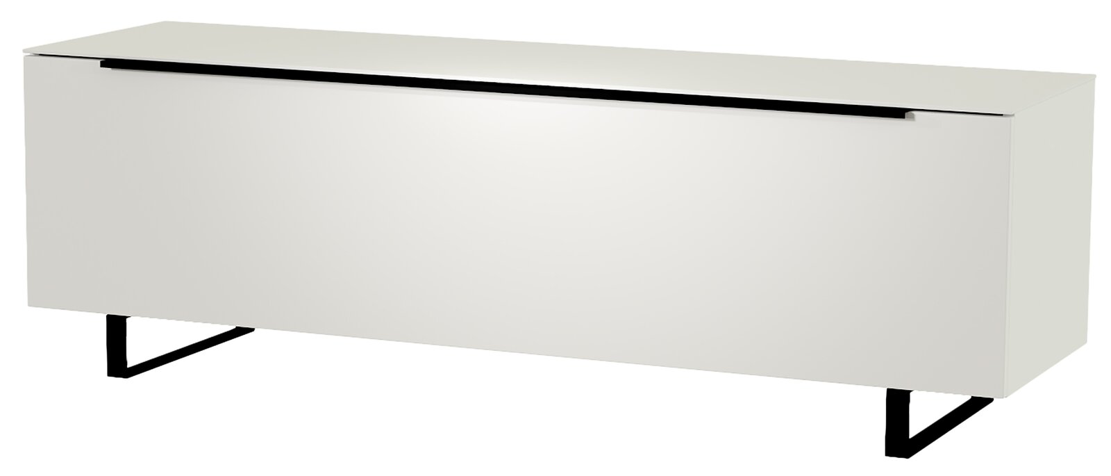 Weißes TV-Lowboard mit schwarzen Metallbeinen, seitliche Perspektive