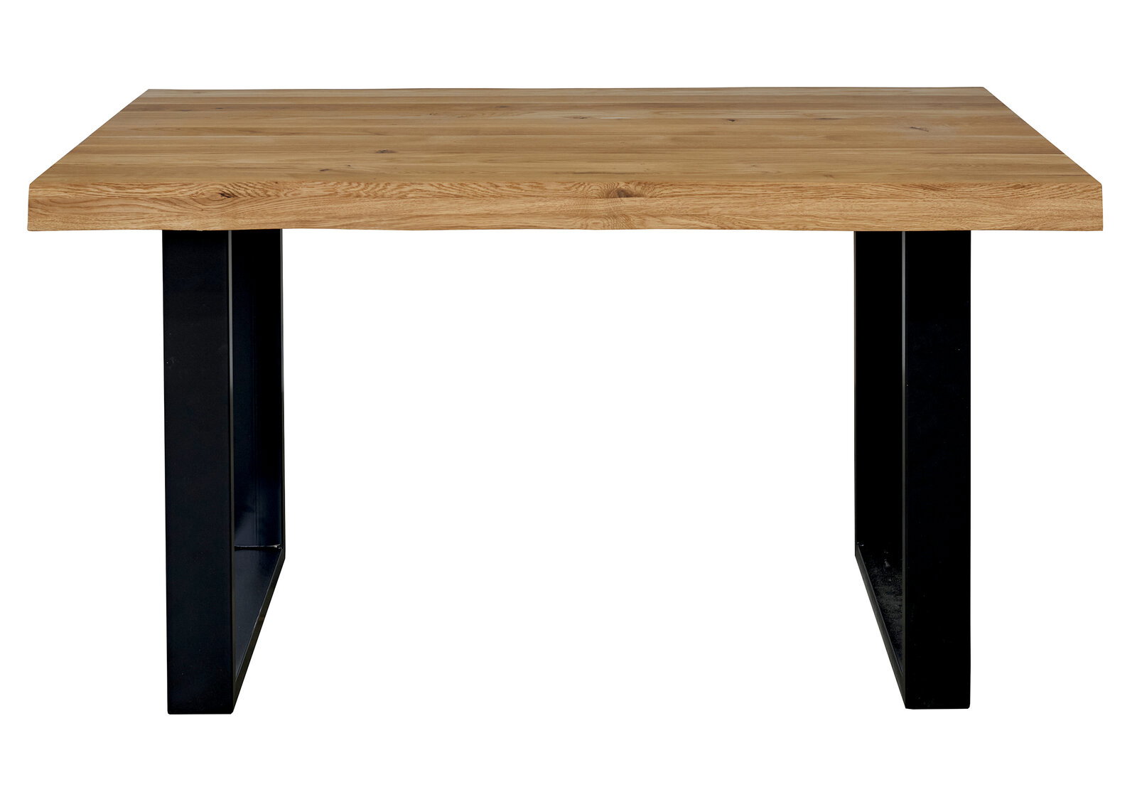 Massiver Esstisch mit naturfarbener Holzplatte und schwarzen Metallkufen, frontale Ansicht auf weißem Hintergrund