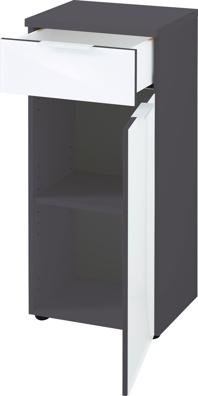 Unterschrank mit einer offenen Schublade und einer geöffneten Tür, seitliche Perspektive