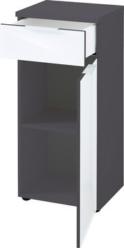 Unterschrank mit einer offenen Schublade und einer geöffneten Tür, seitliche Perspektive