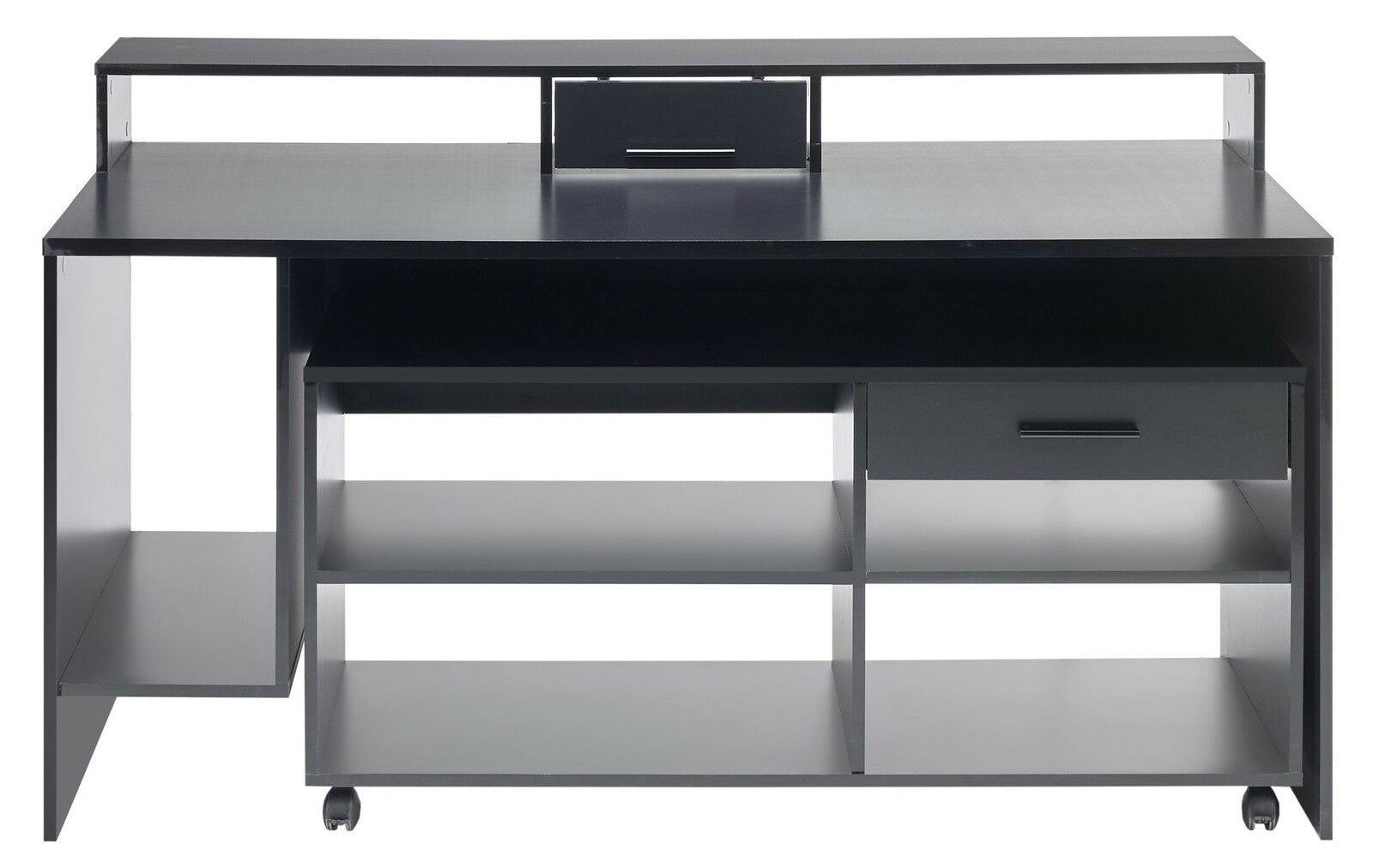 Moderner Gaming-Schreibtisch mit mehreren Ablageflächen und Schublade, Vorderansicht