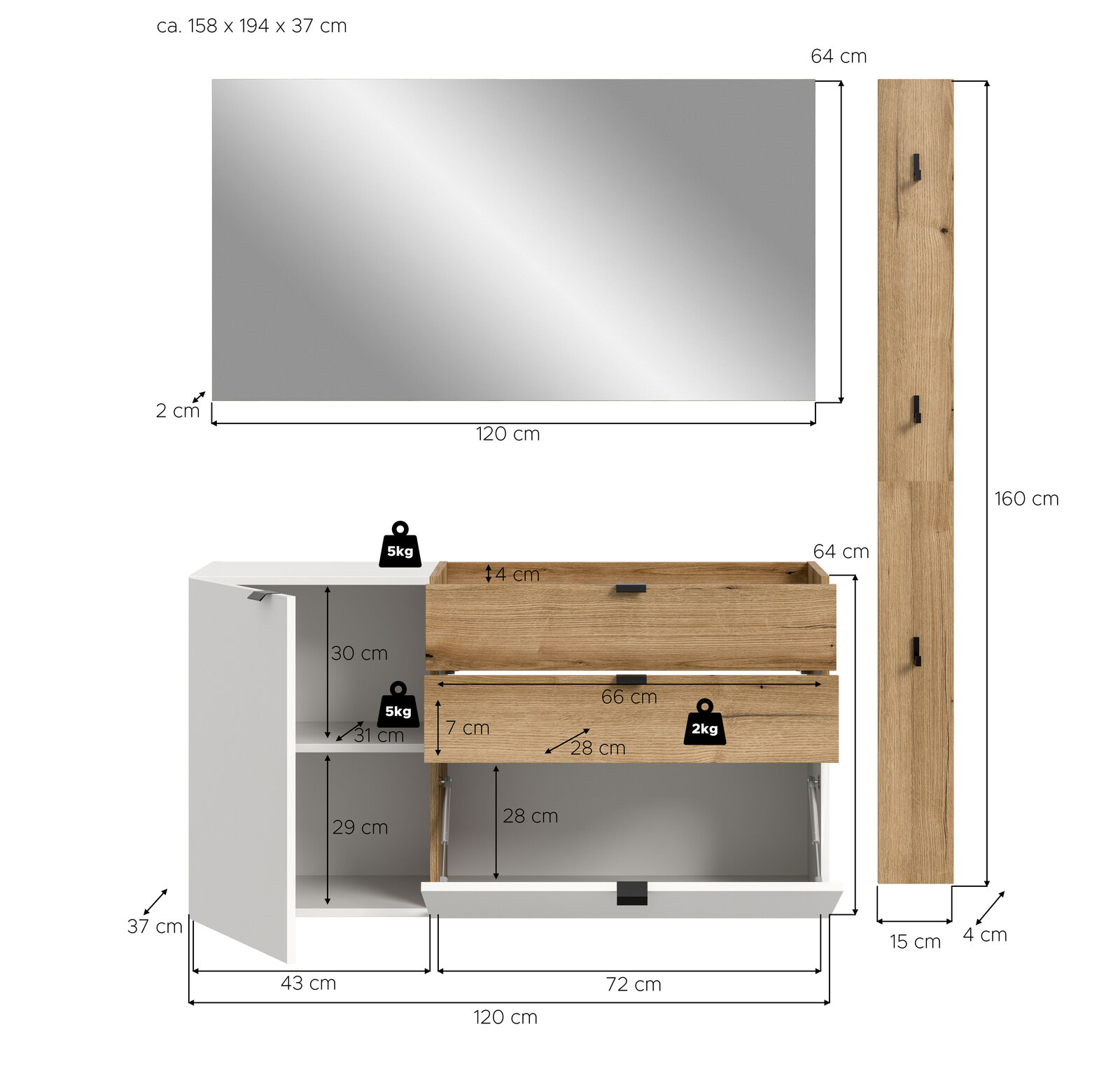 Wandmontiertes Badmöbel-Set mit Spiegel (120 x 64 cm), weißem Schrankteil und Holzoptik-Fronten, inkl. Maßangaben; Ansicht von vorn sowie Seitenansicht.