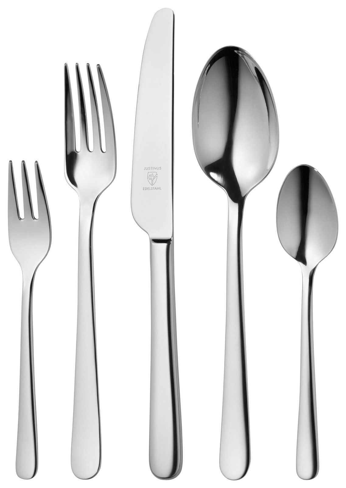 Set aus Edelstahlbesteck bestehend aus Gabel, Messer, Esslöffel, Dessertgabel und Teelöffel, frontal abgebildet.