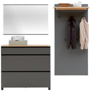 Garderoben-Set 3-tlg. in moderner Perspektive, bestehend aus einem Spiegel, einer Kommode mit drei Schubladen und einer Garderobenwand mit Haken und Ablage.