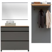 Garderoben-Set 3-tlg. in moderner Perspektive, bestehend aus einem Spiegel, einer Kommode mit drei Schubladen und einer Garderobenwand mit Haken und Ablage.