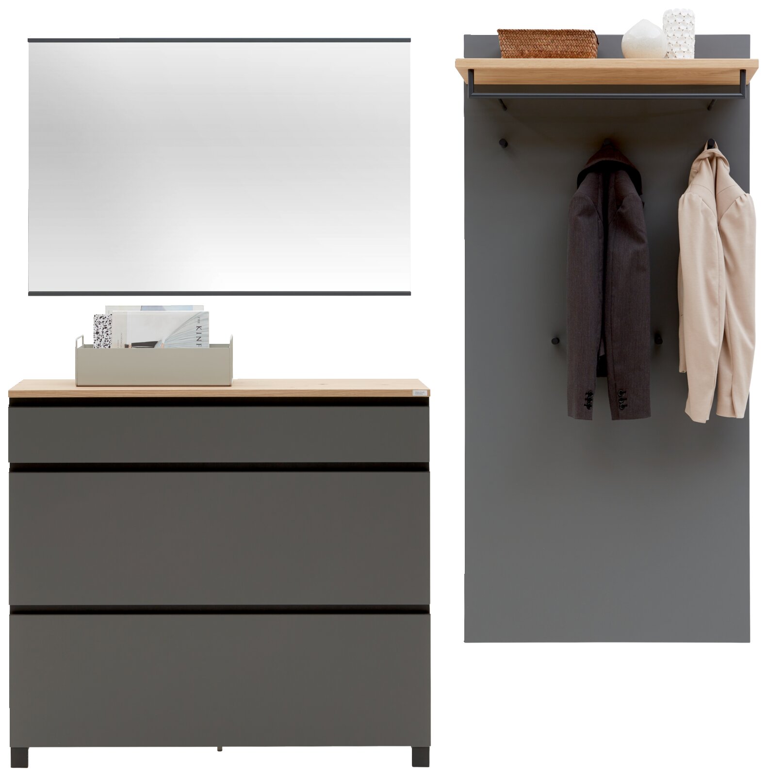 Garderoben-Set 3-tlg. in moderner Perspektive, bestehend aus einem Spiegel, einer Kommode mit drei Schubladen und einer Garderobenwand mit Haken und Ablage.